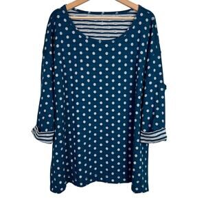Talbots Woman Size 3X Teal Polka Dot Scoop Neck 3/4 Sleeve‎ Top Contrast Stripe